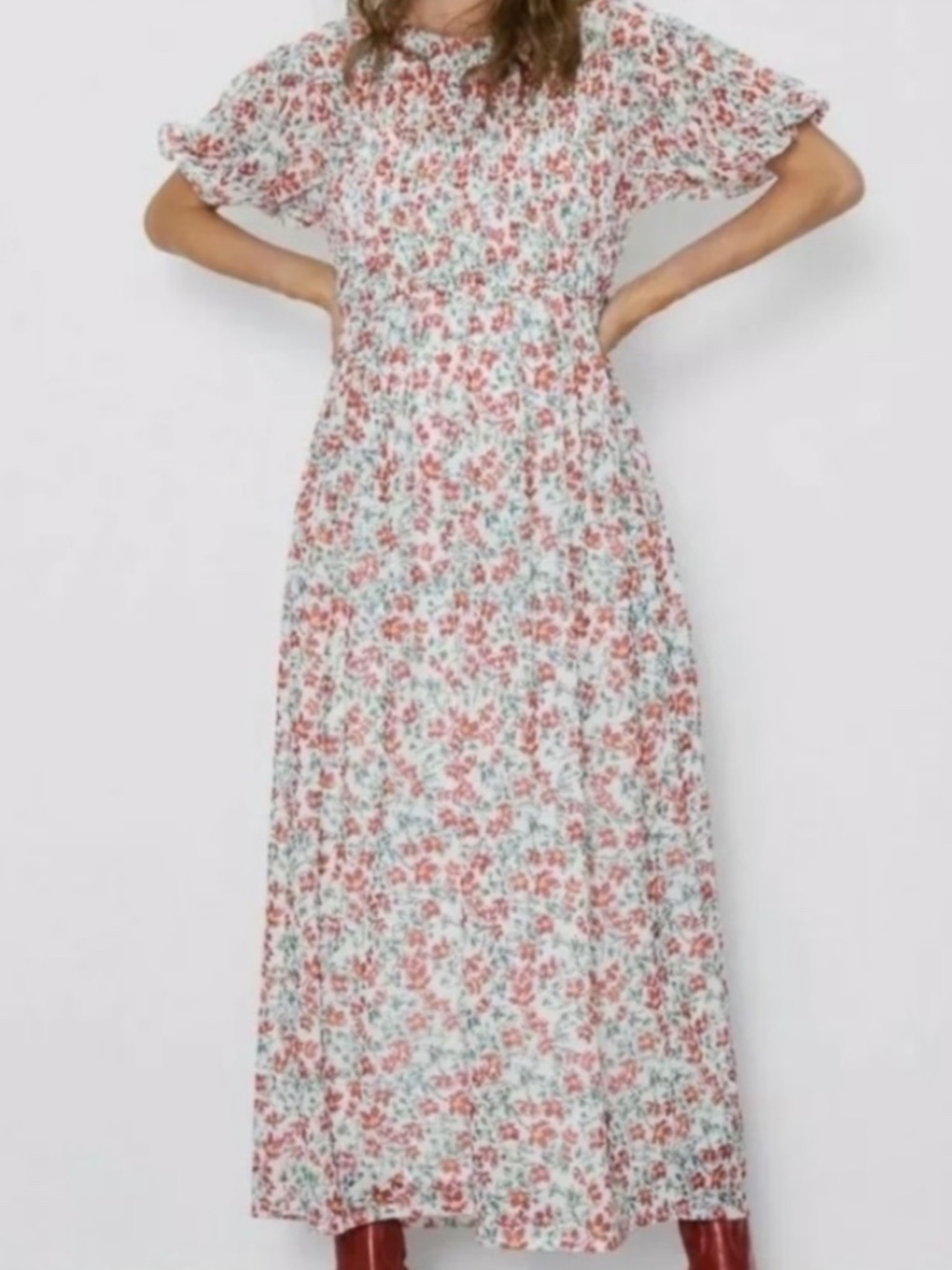 Zara Floral Mesh Smocked Maxi Dress Puff Sleeve, Cottagecore, Boho, Small